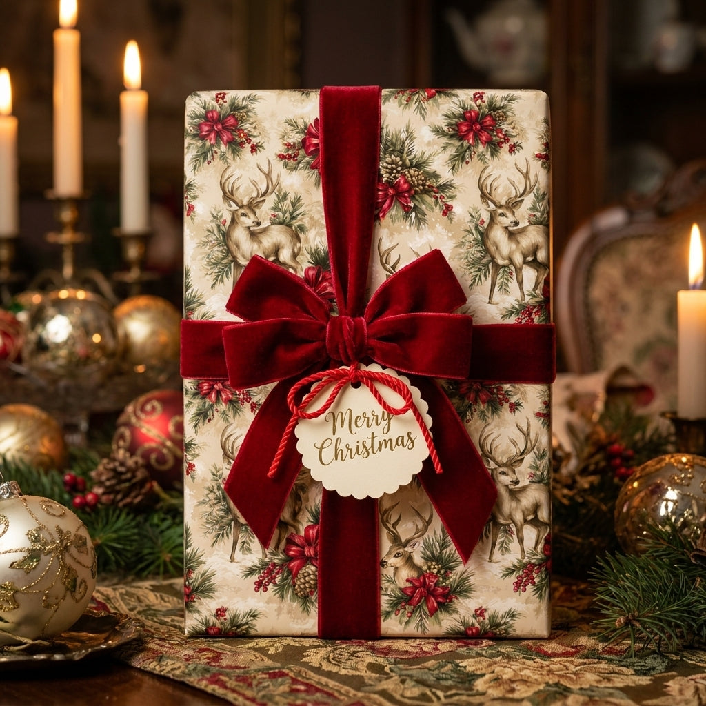 Vintage Christmas wrapping paper with deer pattern and red velvet bow by Wrapped Studios.