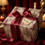 Luxury vintage deer Christmas wrapping paper with a burgundy satin bow by Wrapped Studios.