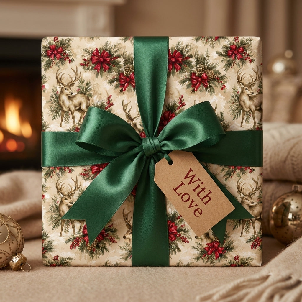 Elegant vintage deer Christmas wrapping paper with a green satin ribbon by Wrapped Studios.