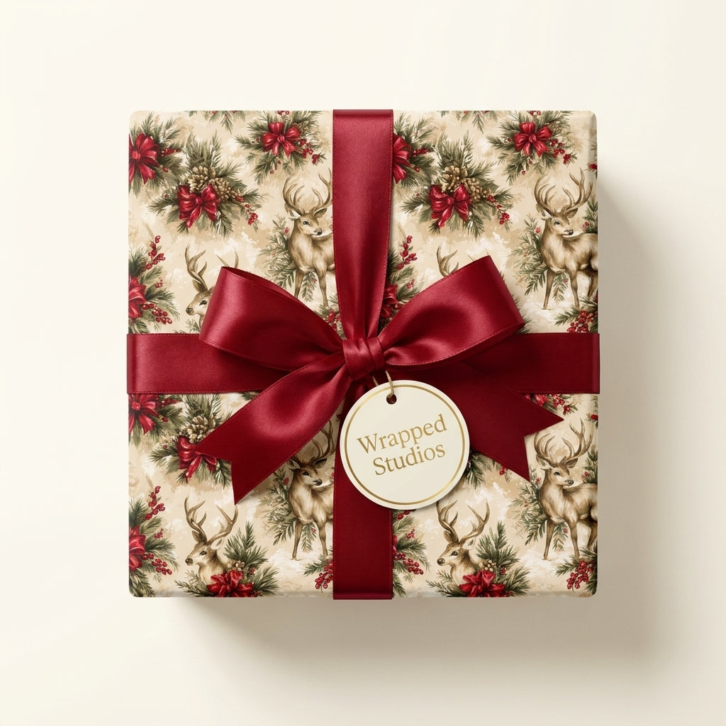 Vintage deer Christmas wrapping paper by Wrapped Studios, tied with a luxury red satin bow.
