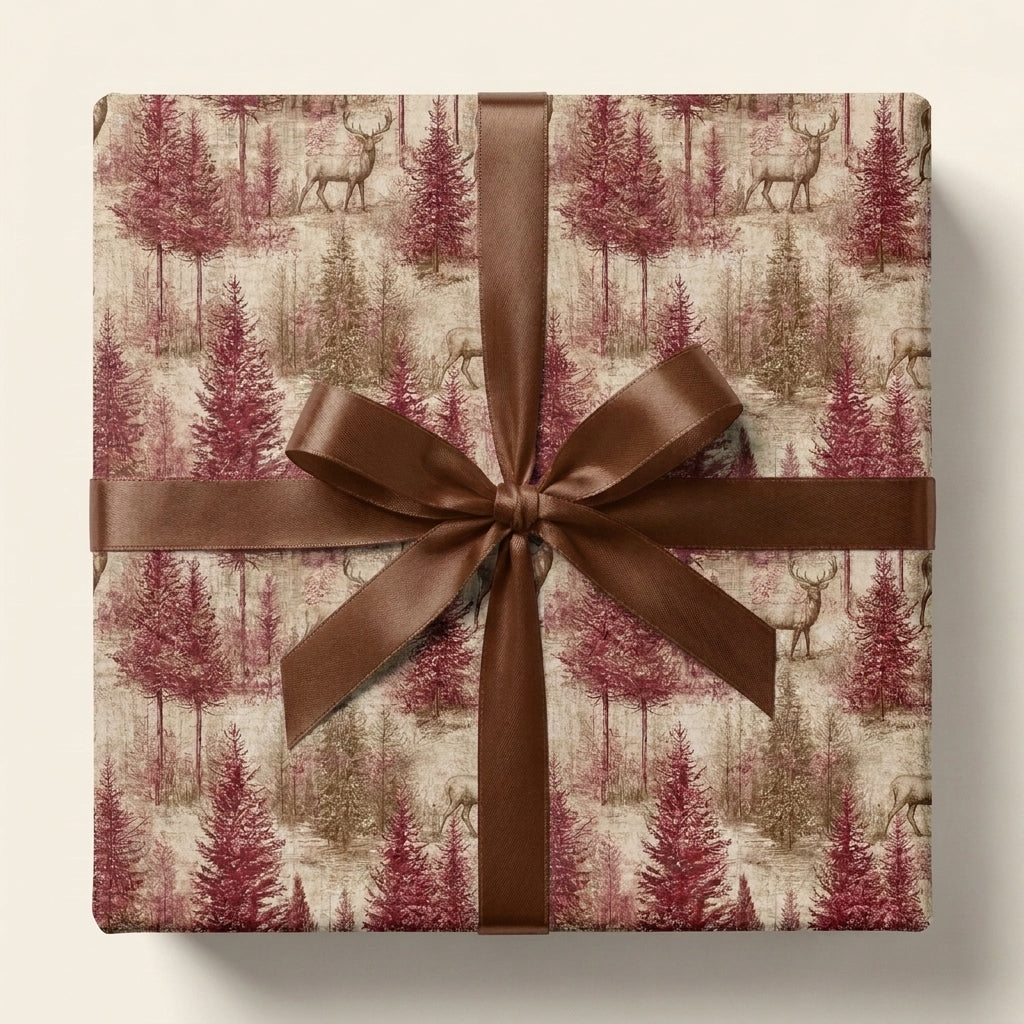 Rustic woodland Christmas wrapping paper with deer, tied with a brown satin bow by Wrapped Studios.