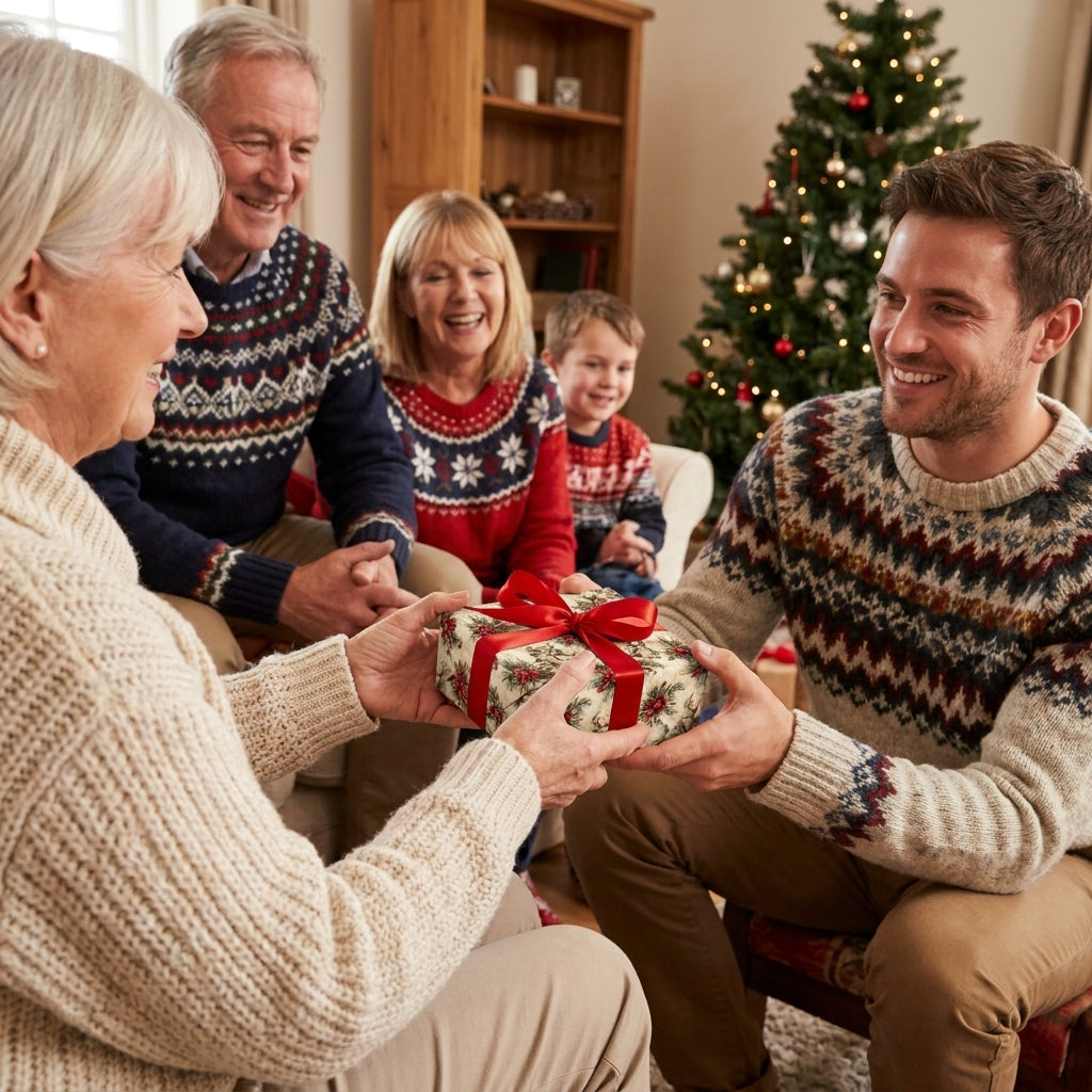 Family exchanging gift in botanical Christmas wrapping paper with red bow by Wrapped Studios.