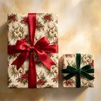 Vintage deer Christmas gift wrap with red satin and green velvet bows by Wrapped Studios.