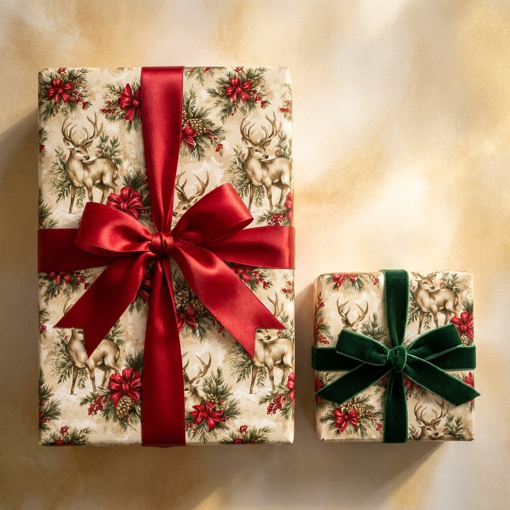 Vintage deer Christmas gift wrap with red satin and green velvet bows by Wrapped Studios.