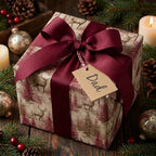 Vintage deer Christmas wrapping paper by Wrapped Studios on a gift box with a luxury burgundy bow.