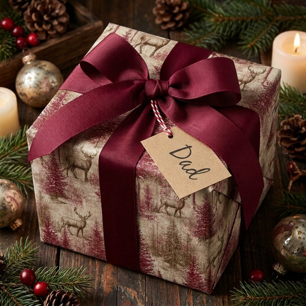 Vintage deer Christmas wrapping paper by Wrapped Studios on a gift box with a luxury burgundy bow.
