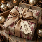 Rustic deer Christmas wrapping paper with a burlap bow and Seasons Greetings tag by Wrapped Studios.
