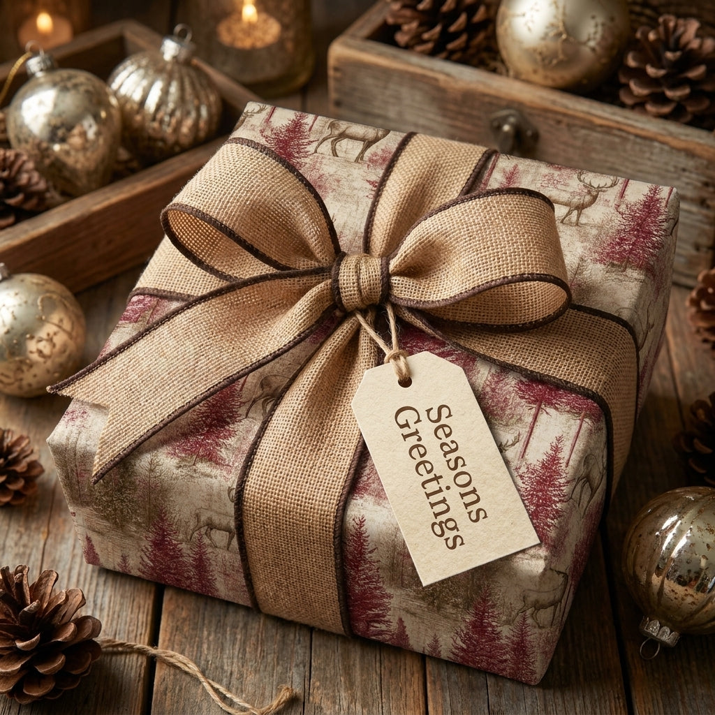 Rustic deer Christmas wrapping paper with a burlap bow and Seasons Greetings tag by Wrapped Studios.