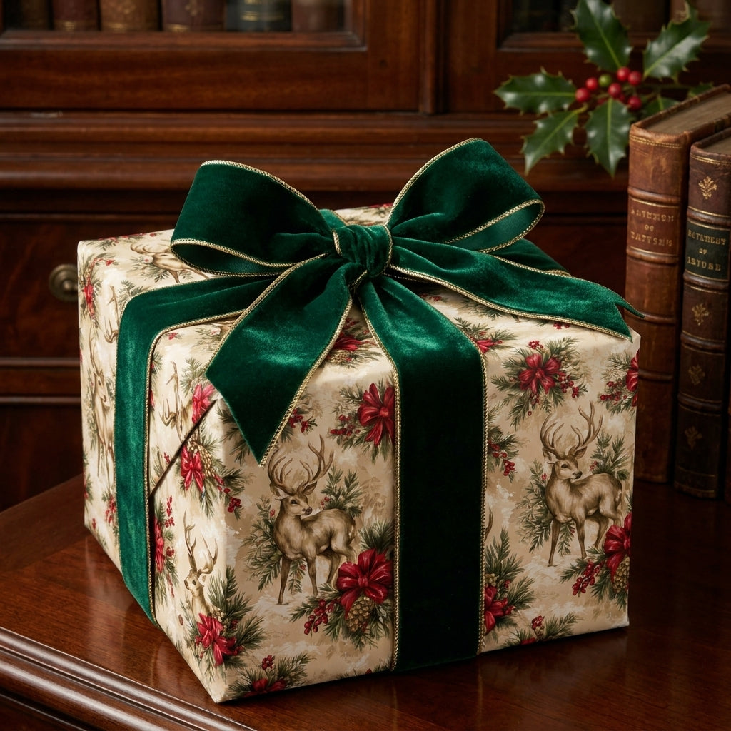 Vintage deer Christmas wrapping paper with luxury green velvet bow on a holiday gift box by Wrapped Studios.