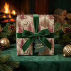 Luxury Christmas gift wrap with vintage deer pattern and green velvet bow by Wrapped Studios.