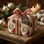 Vintage woodland deer Christmas wrapping paper on a gift with burlap ribbon by Wrapped Studios.