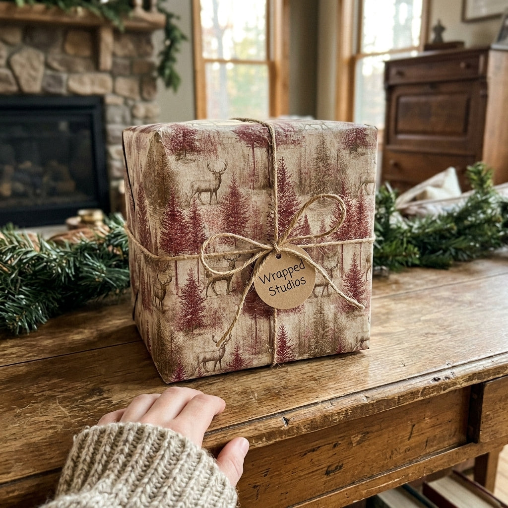 Woodland Christmas wrapping paper with deer by Wrapped Studios, tied with twine on a rustic wooden table.