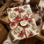 Rustic Christmas wrapping paper with a vintage deer pattern and red twine bow by Wrapped Studios.