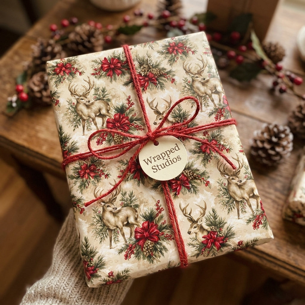 Rustic Christmas wrapping paper with a vintage deer pattern and red twine bow by Wrapped Studios.