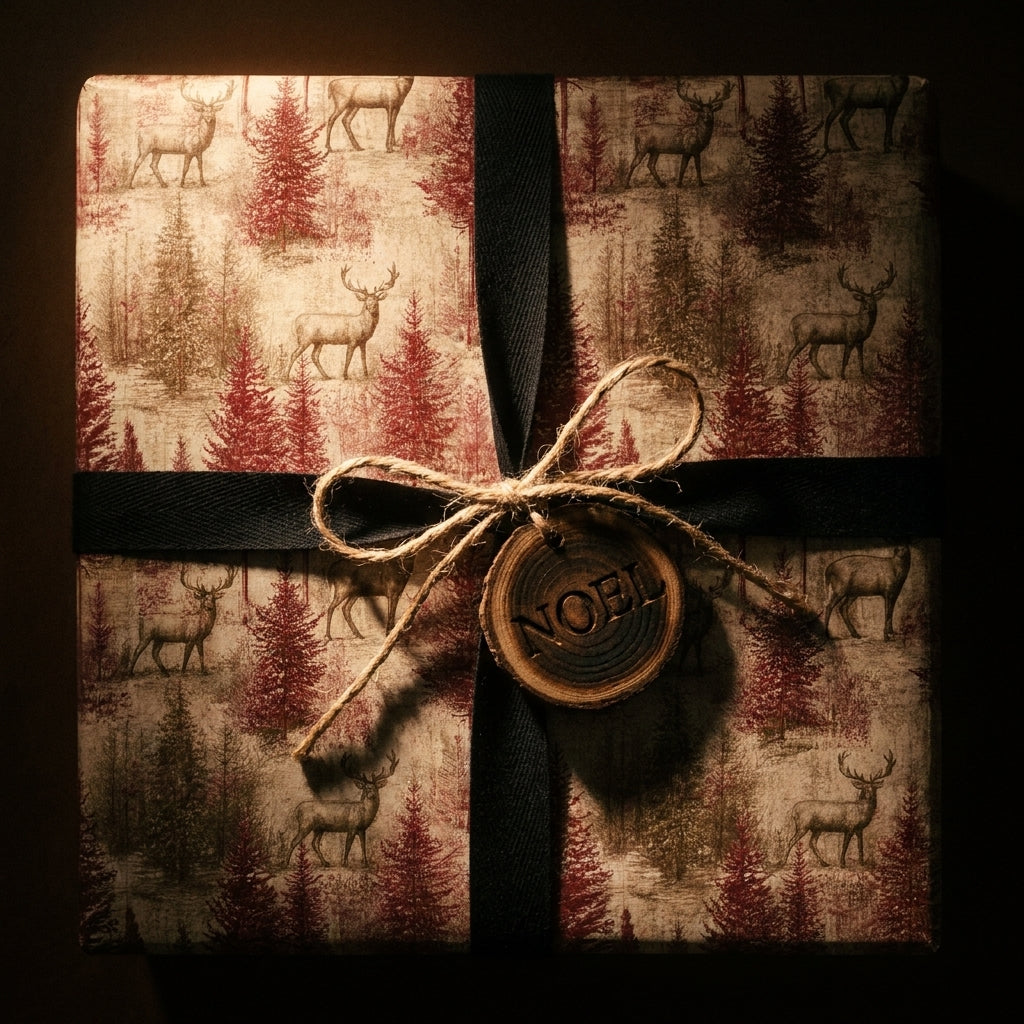 Rustic deer Christmas wrapping paper on a gift box with a black ribbon and Noel tag by Wrapped Studios.