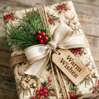 Vintage reindeer Christmas wrapping paper with a rustic bow and wooden tag by Wrapped Studios.
