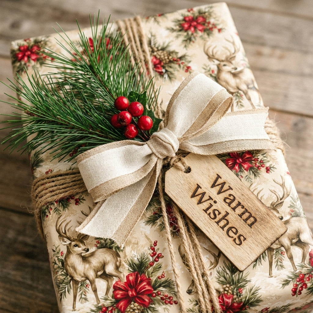 Vintage reindeer Christmas wrapping paper with a rustic bow and wooden tag by Wrapped Studios.