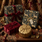 Vintage deer Christmas wrapping paper with luxury velvet ribbons on holiday gifts by Wrapped Studios.
