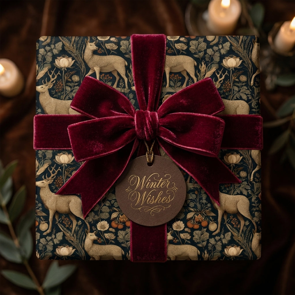 Luxury vintage deer Christmas gift wrap with a burgundy velvet bow and Winter Wishes tag by Wrapped Studios.