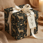 Navy woodland deer wrapping paper with cream ribbon, luxury holiday gift wrap by Wrapped Studios.