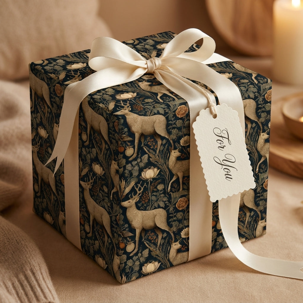 Navy woodland deer wrapping paper with cream ribbon, luxury holiday gift wrap by Wrapped Studios.