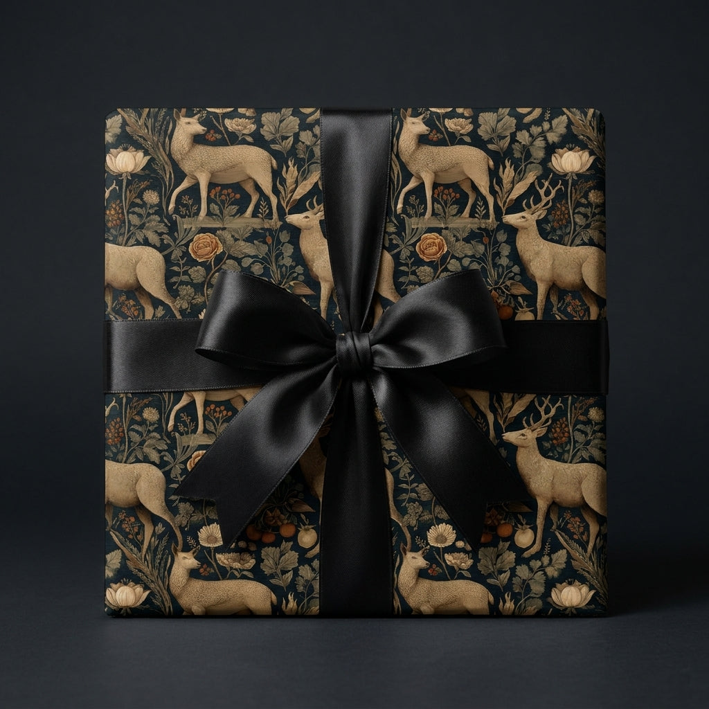 Vintage deer wrapping paper with floral print and black satin bow. Luxury holiday gift wrap by Wrapped Studios.
