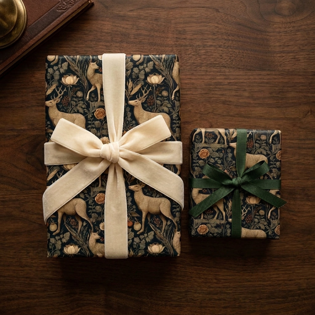 Vintage woodland deer Christmas wrapping paper with velvet ribbon bows by Wrapped Studios.