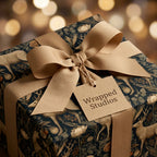 Luxury woodland wrapping paper with deer on a Christmas gift with a beige bow by Wrapped Studios.