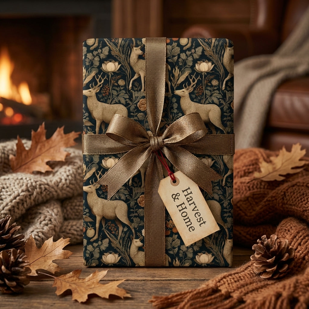 Vintage woodland deer wrapping paper with a bronze bow by Wrapped Studios. Cozy fireplace scene.