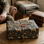Vintage deer Christmas gift wrap by Wrapped Studios on a rustic woodland gift box.