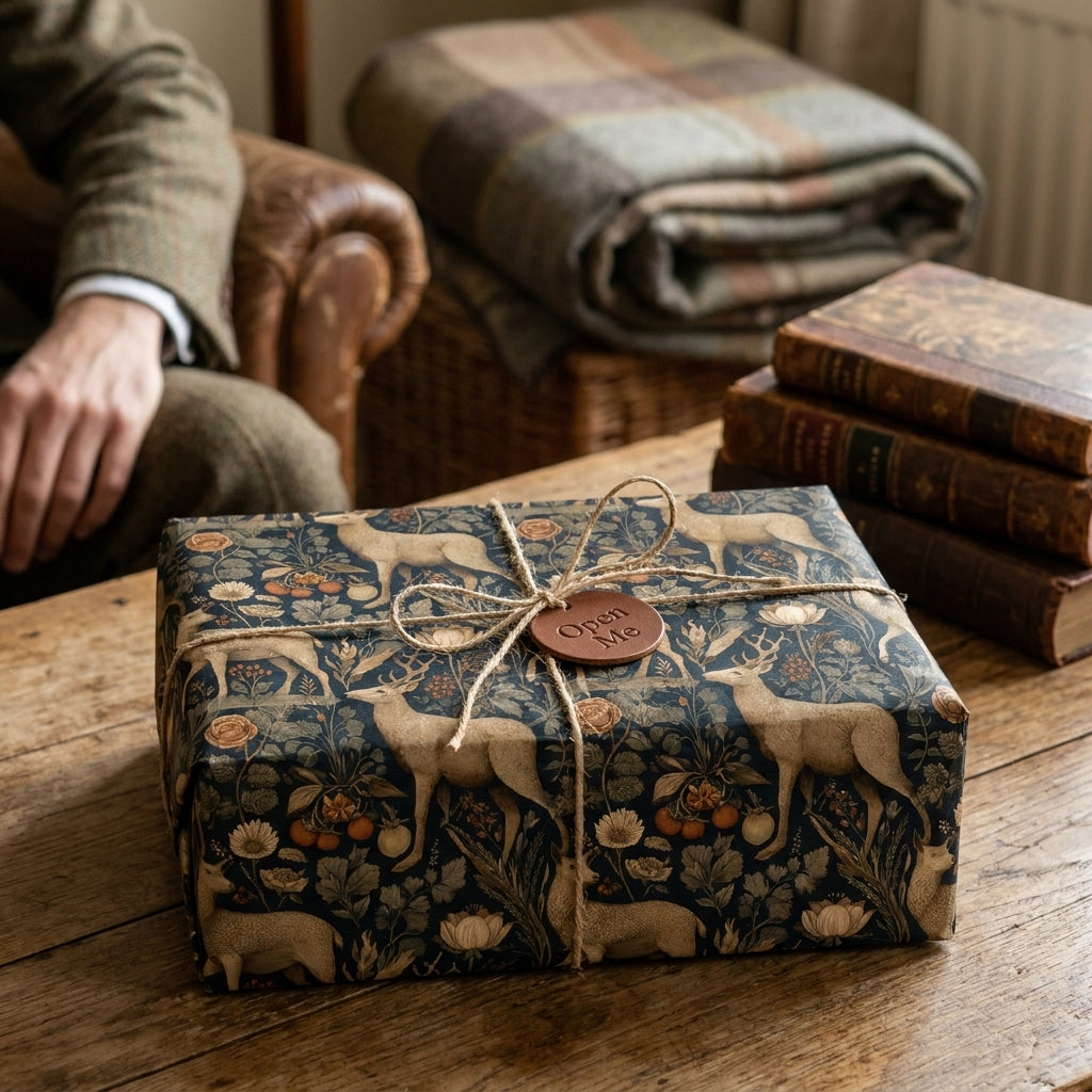Vintage deer Christmas gift wrap by Wrapped Studios on a rustic woodland gift box.