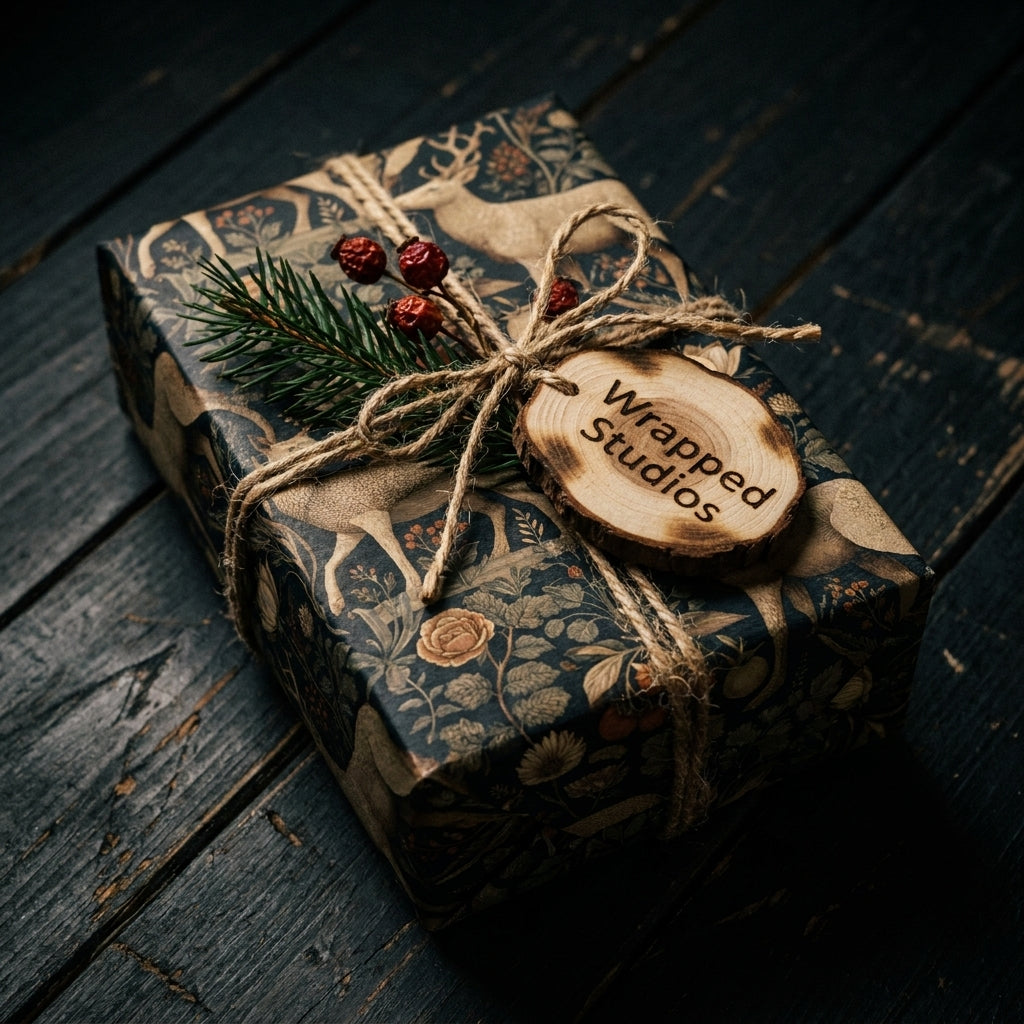 Woodland Christmas gift wrap with vintage deer pattern by Wrapped Studios on a rustic gift box.
