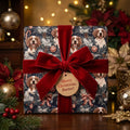 Custom dog Christmas wrapping paper with a red velvet bow by Wrapped Studios.