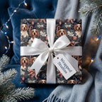 Spaniel dog Christmas wrapping paper on a gift with white satin ribbon by Wrapped Studios.