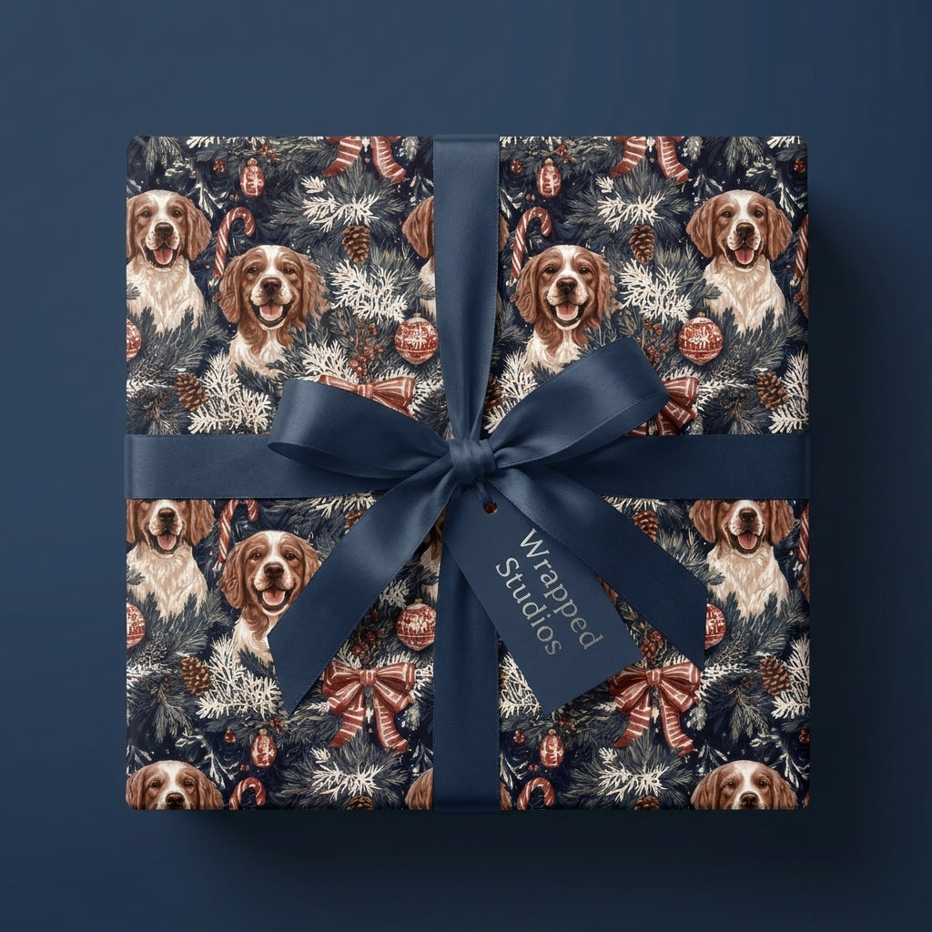 Spaniel dog Christmas wrapping paper with a blue satin bow on a holiday gift box by Wrapped Studios.