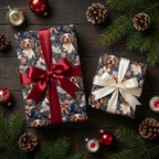 Dog Christmas wrapping paper with festive spaniel pattern and satin bows by Wrapped Studios.