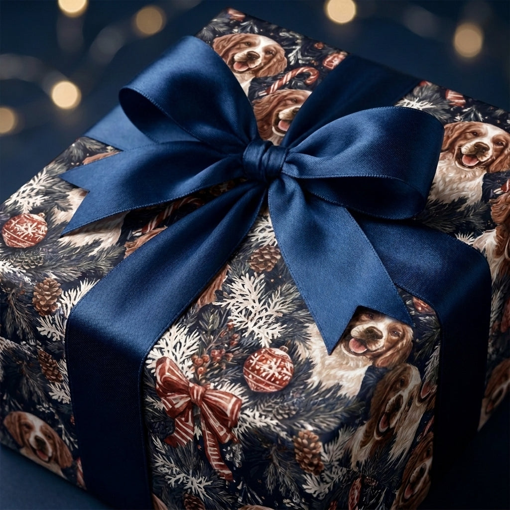 Dog Christmas wrapping paper featuring spaniels and festive pine with a navy satin bow by Wrapped Studios.