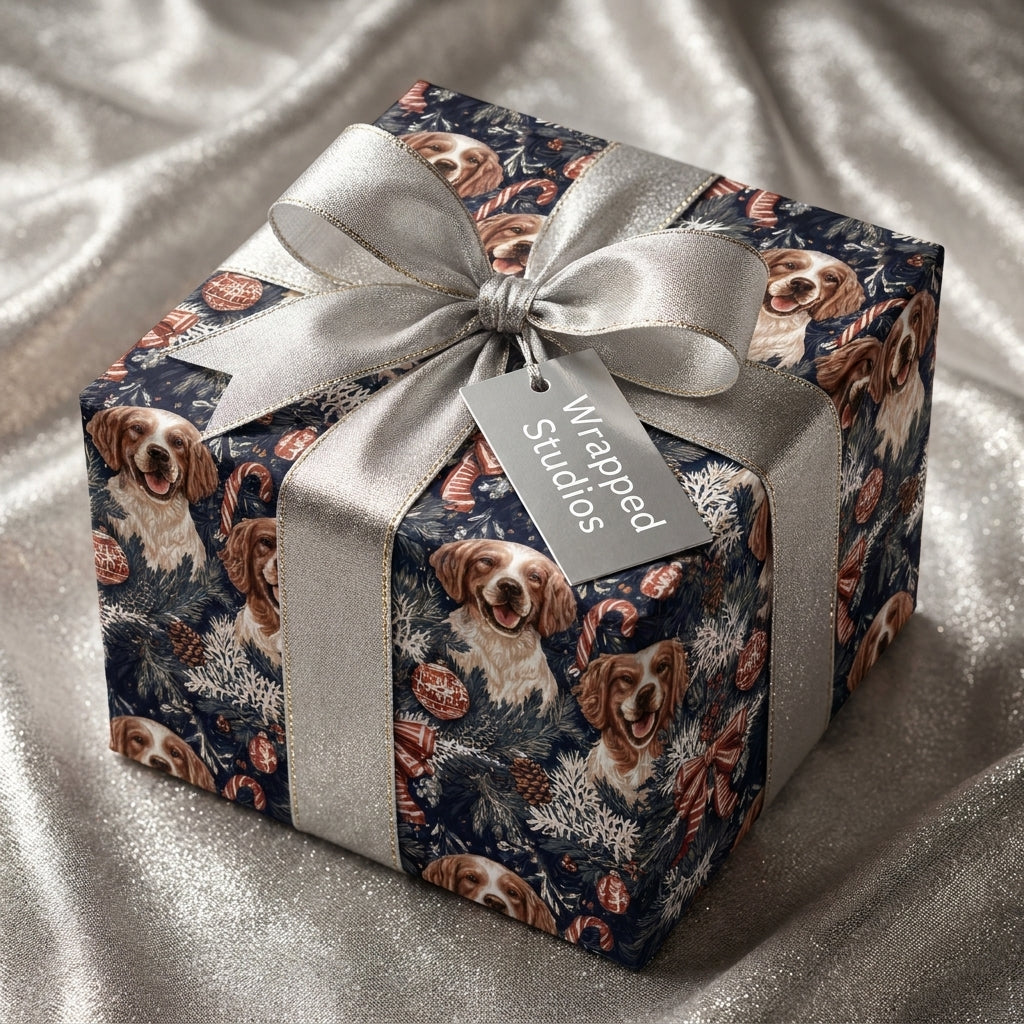 Spaniel dog Christmas wrapping paper with a silver bow on a luxury gift box by Wrapped Studios.