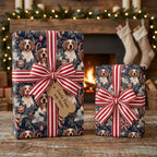 Dog Christmas wrapping paper with red striped bows on holiday gifts by Wrapped Studios.