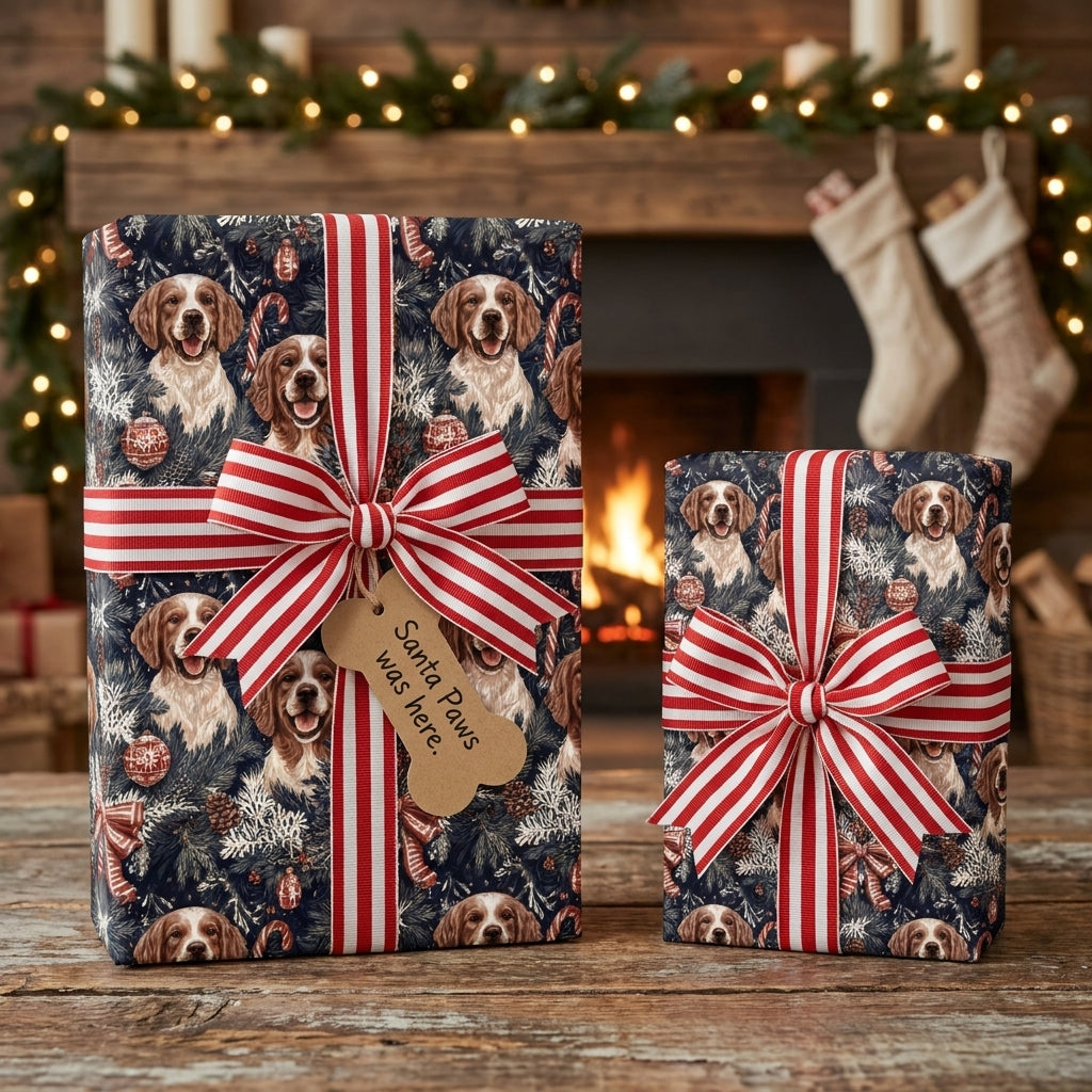 Dog Christmas wrapping paper with red striped bows on holiday gifts by Wrapped Studios.