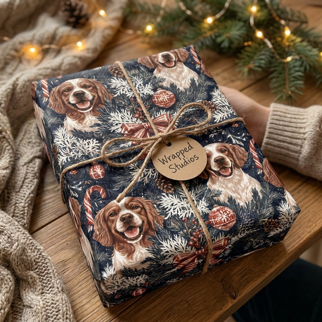 Dog Christmas wrapping paper by Wrapped Studios on a cozy holiday gift tied with rustic twine.