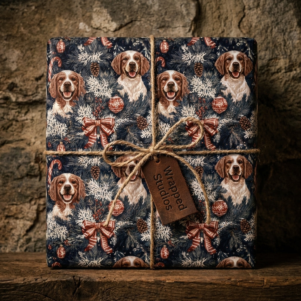 Spaniel dog Christmas gift wrap on a rustic present with twine by Wrapped Studios.