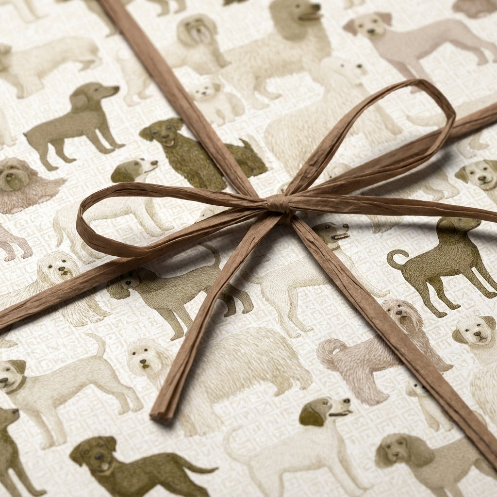 Dog wrapping paper with neutral puppy illustrations and a brown raffia bow by Wrapped Studios.