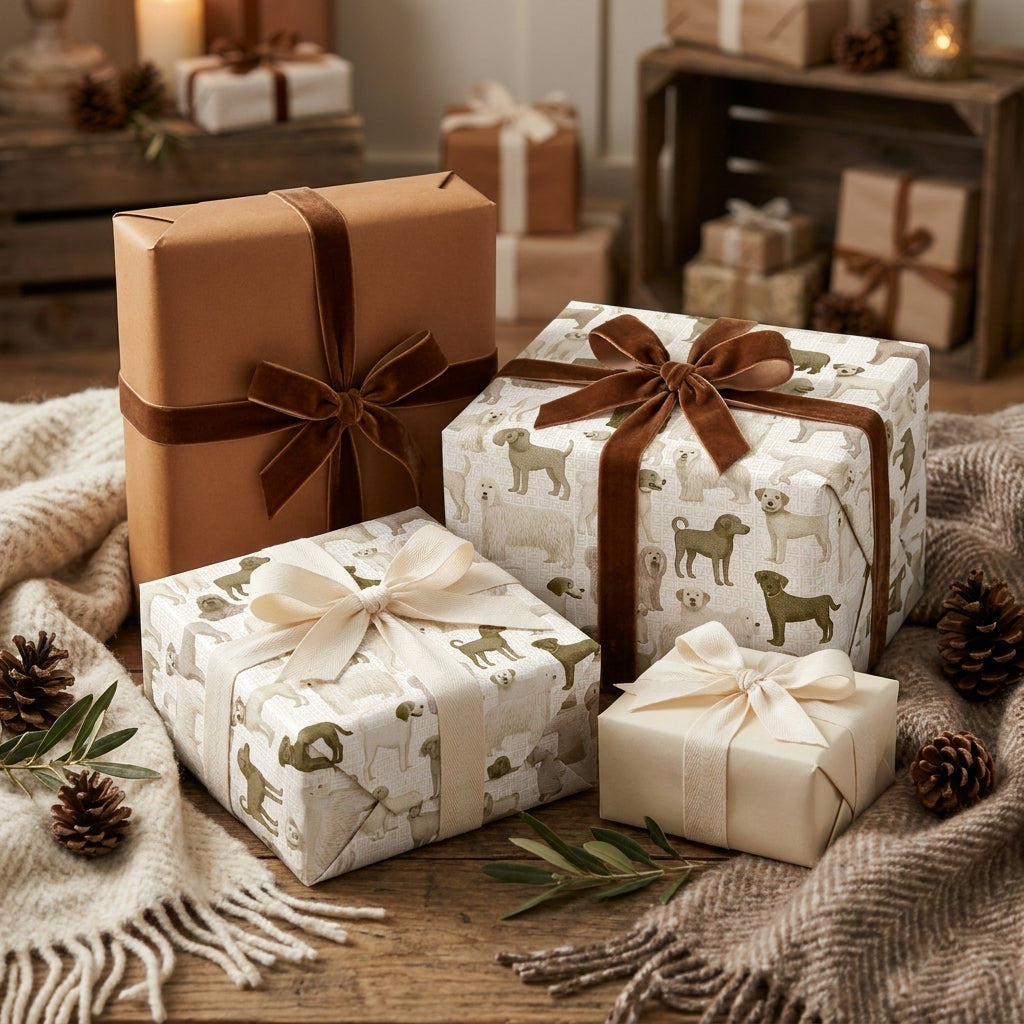 Cute dog wrapping paper with brown velvet bows on rustic holiday gifts by Wrapped Studios.