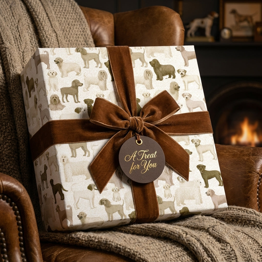 Dog wrapping paper with a luxury brown velvet bow on a cozy gift box, by Wrapped Studios.