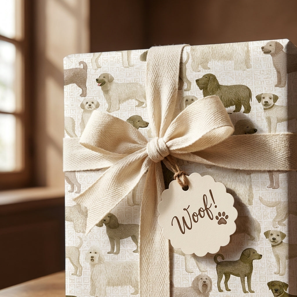 Cute dog wrapping paper with cream ribbon and 'Woof!' gift tag by Wrapped Studios.