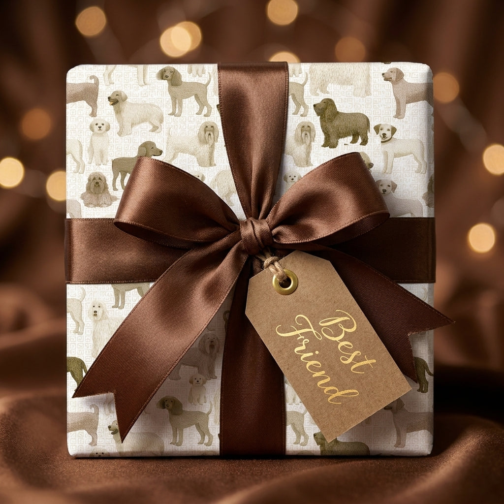 Dog breed wrapping paper with a brown satin bow and Best Friend tag by Wrapped Studios.