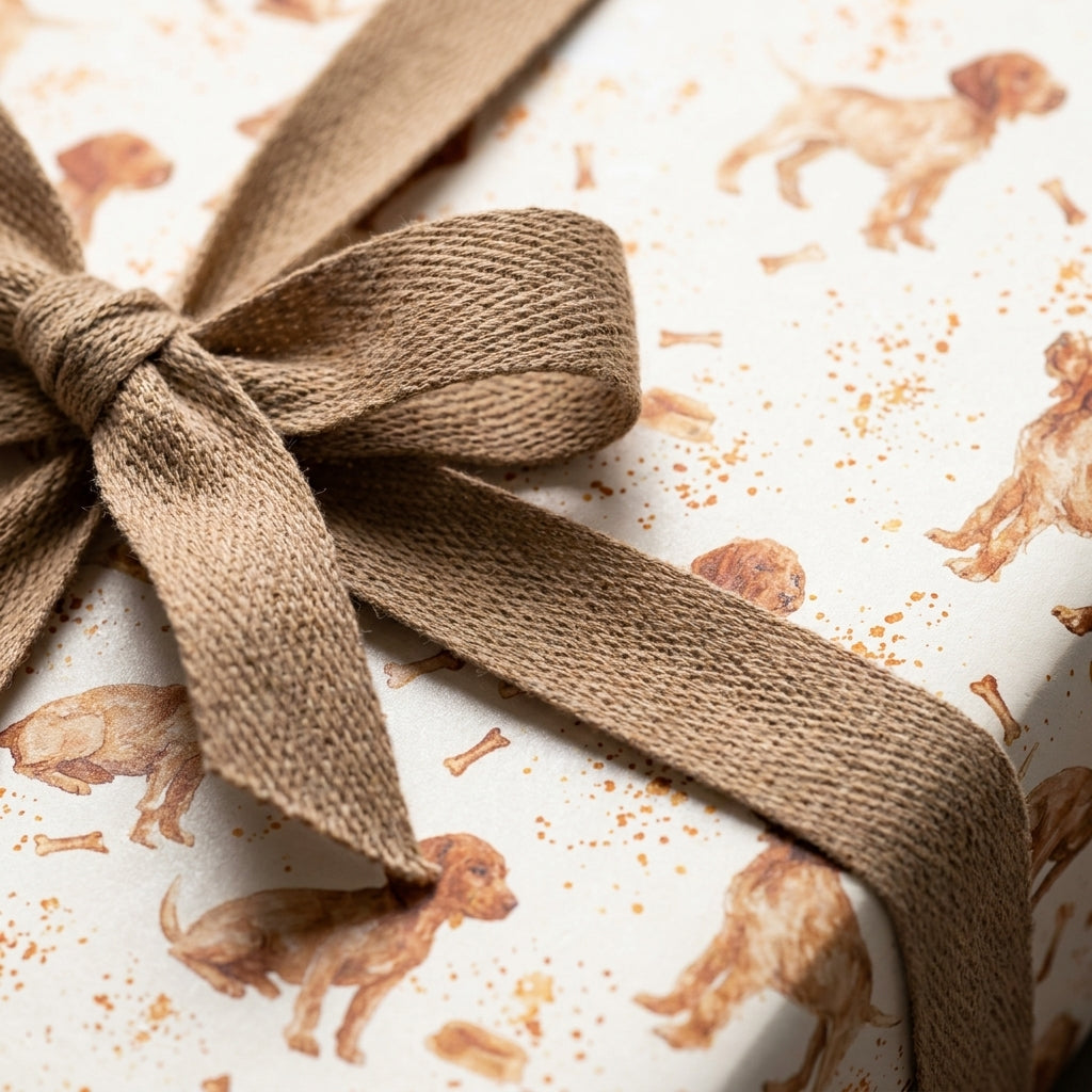 Cute puppy dog wrapping paper with watercolor bones and a brown textured ribbon, by Wrapped Studios.