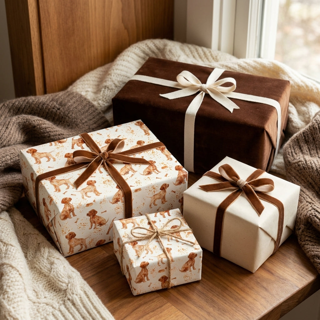 Cute dog wrapping paper with brown velvet ribbon on cozy holiday gifts by Wrapped Studios.