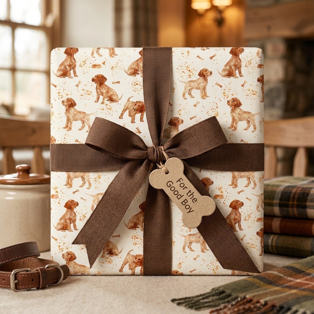 Dog wrapping paper with watercolor puppy print, brown ribbon, and bone tag by Wrapped Studios.